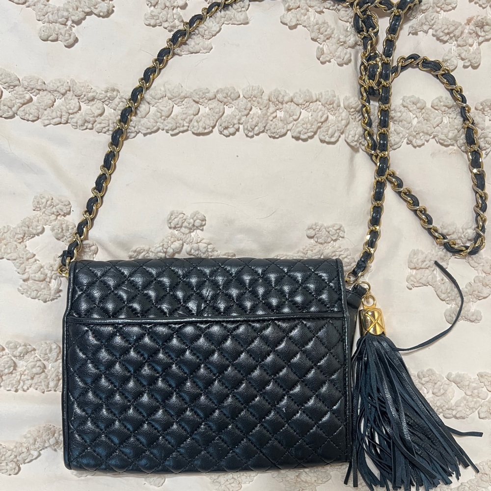 Vintage Leather Black Quilted Crossbody Bag with Tassel